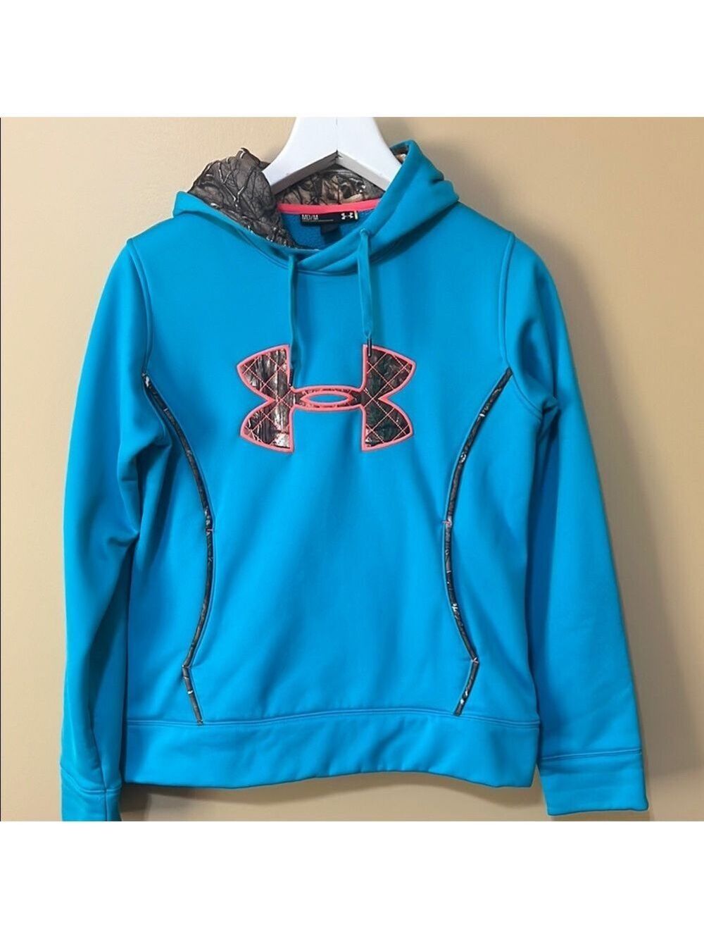 Under Armour Teal Hoodie with Pink Logo. Youth medium.